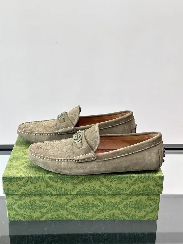 Gucci Horsebit 1955 Beige Green Suede Monogrammed Loafer 5