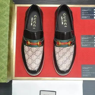 Gucci Horsebit 1955 Black and Beige GG Monogram Loafers
