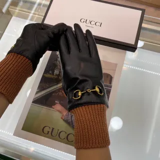 Gucci Horsebit 1955 Black Brown Smooth Ribbed Knit Cuff Leather Gloves