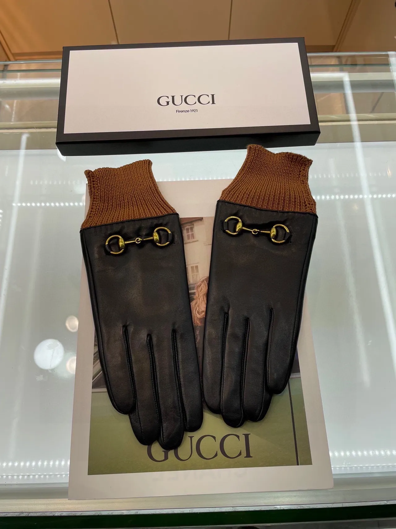 Gucci Horsebit 1955 Luvas de couro preto marrom com punho de malha rib suave 2