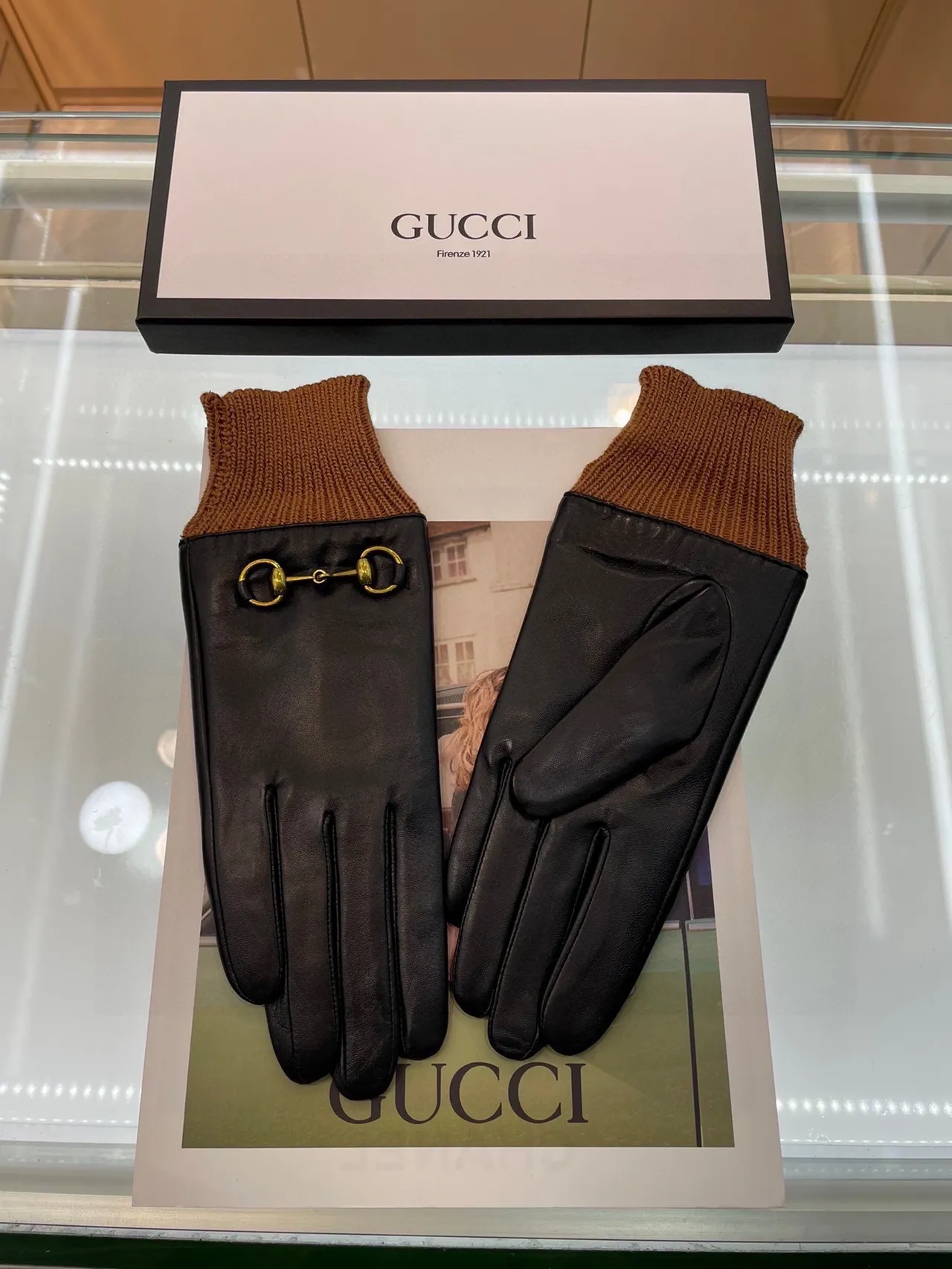 Gucci Horsebit 1955 Luvas de couro preto marrom com punho de malha rib suave 3
