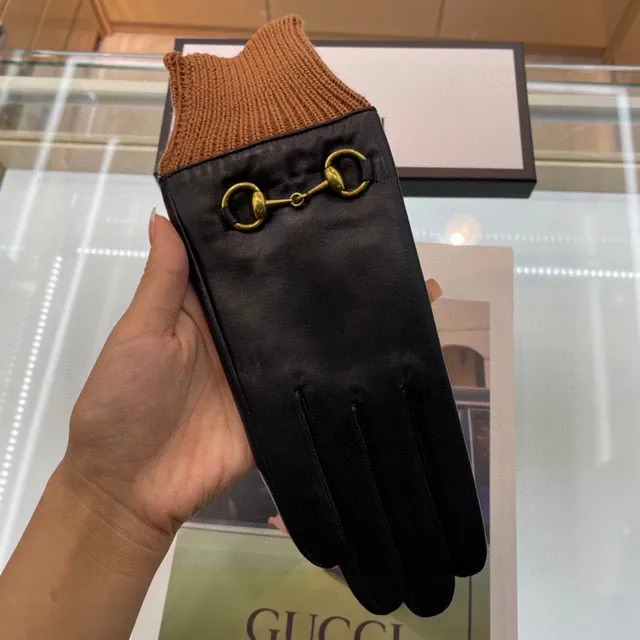 Gucci Horsebit 1955 Luvas de couro preto marrom com punho de malha rib suave 4