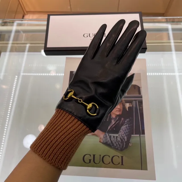 Gucci Horsebit 1955 Luvas de couro preto marrom com punho de malha rib suave 6