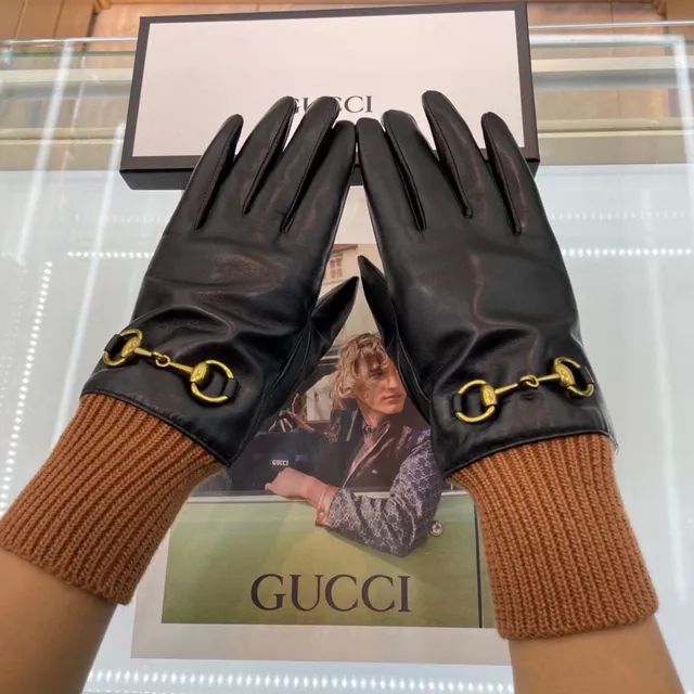 Gucci Horsebit 1955 Luvas de couro preto marrom com punho de malha rib suave 7