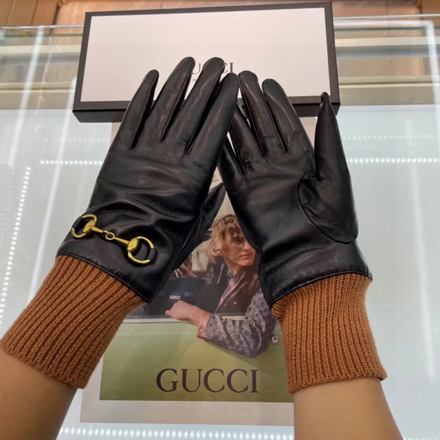 Gucci Horsebit 1955 Luvas de couro preto marrom com punho de malha rib suave 8