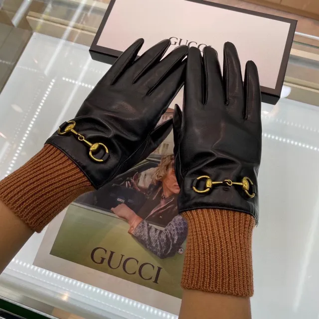 Gucci Horsebit 1955 Luvas de couro preto marrom com punho de malha rib suave 9
