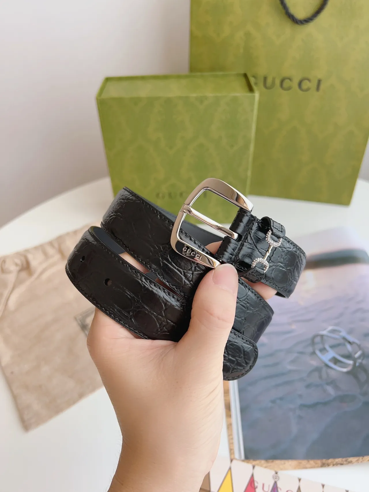 Gucci Horsebit 1955 Black Crocodile-Embossed Leather Belt 2