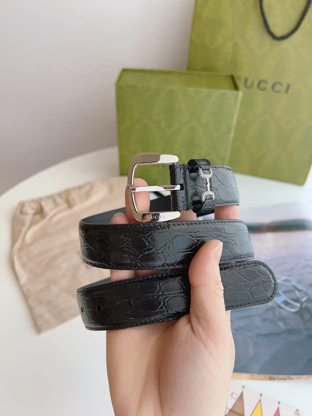 Gucci Horsebit 1955 Black Crocodile-Embossed Leather Belt 3