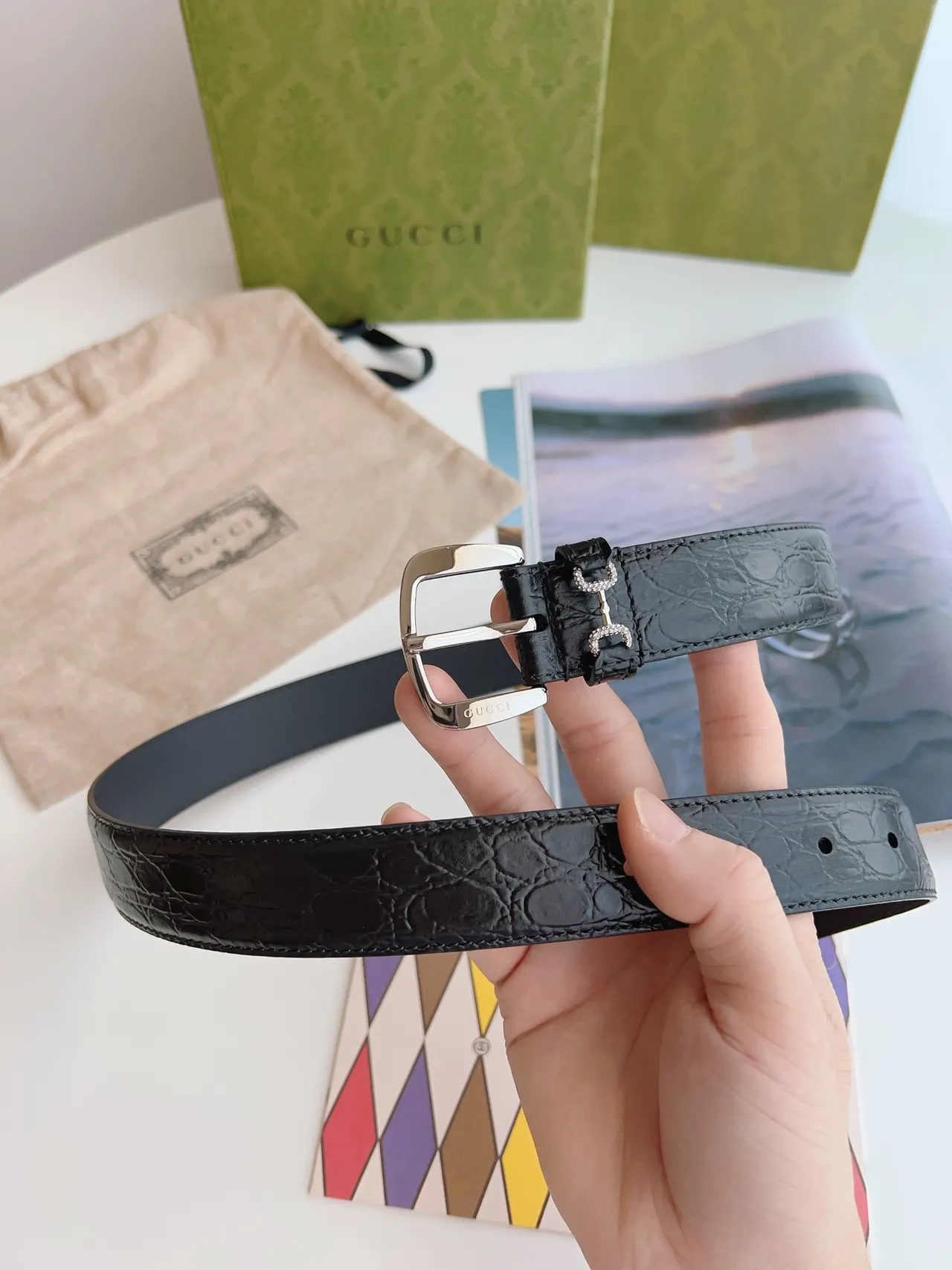 Gucci Horsebit 1955 Black Crocodile-Embossed Leather Belt 5