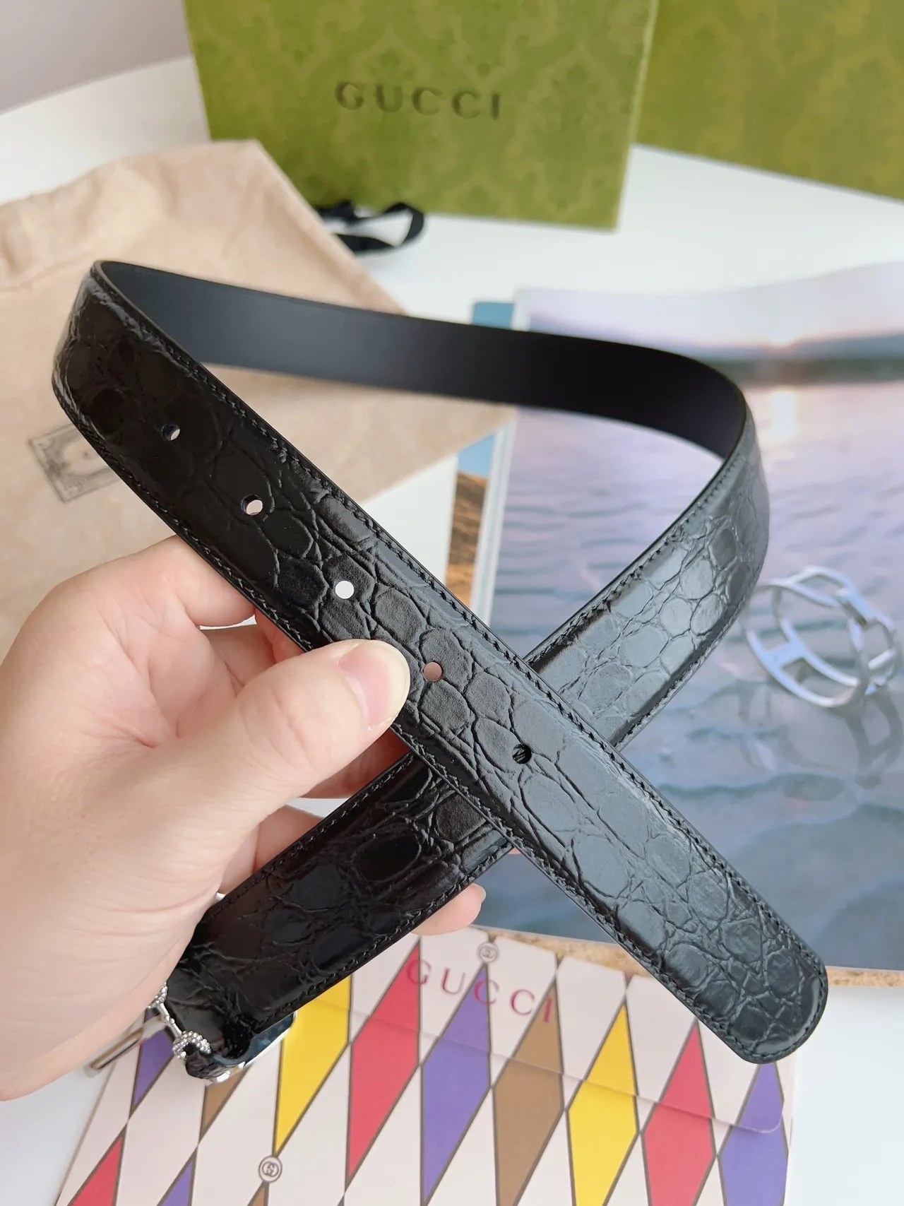 Gucci Horsebit 1955 Black Crocodile-Embossed Leather Belt 6