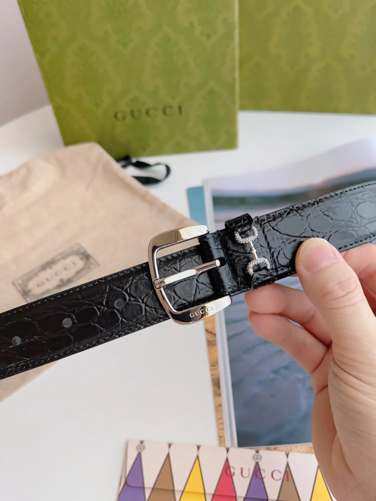 Gucci Horsebit 1955 Black Crocodile-Embossed Leather Belt 7