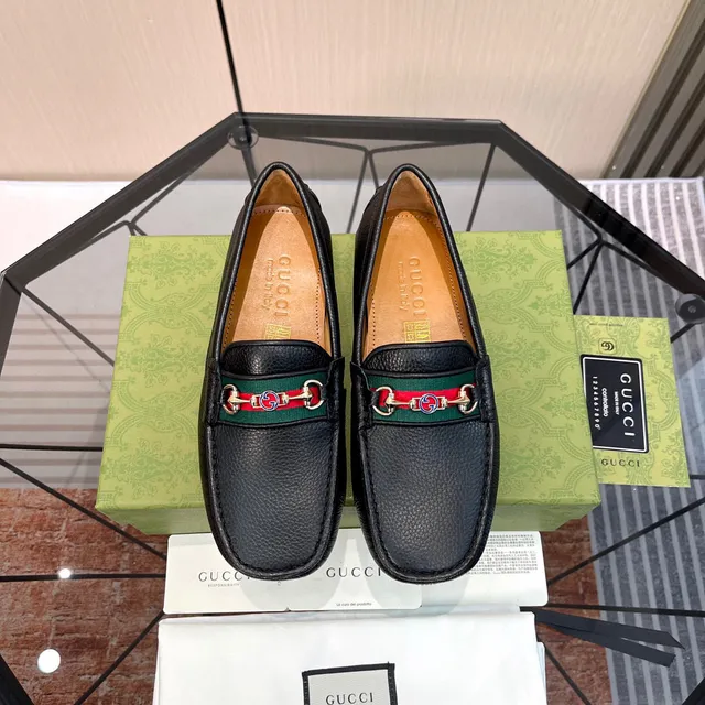 Gucci Horsebit 1955 Black Green Pebbled Leather Buckle Loafer 7