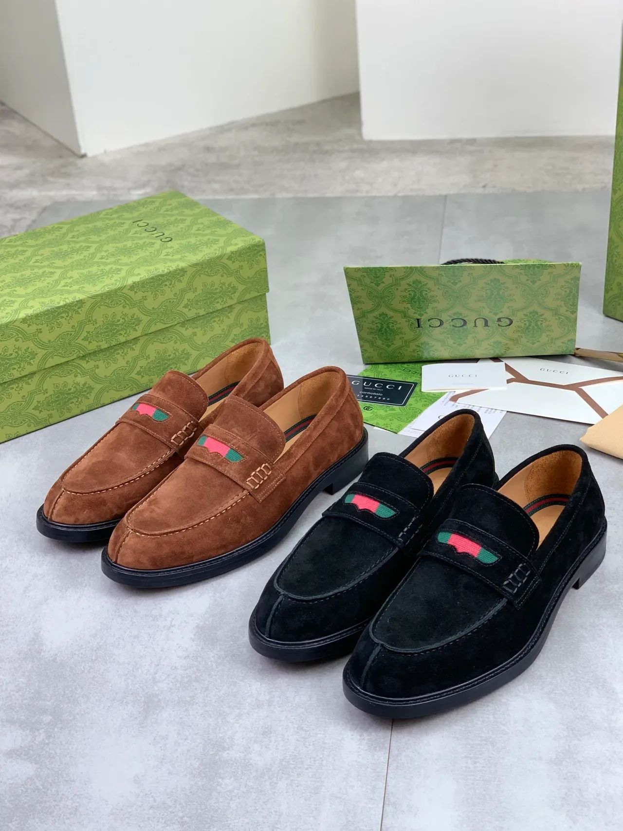 Gucci Horsebit 1955 Black Suede Web Stripe Loafers 2