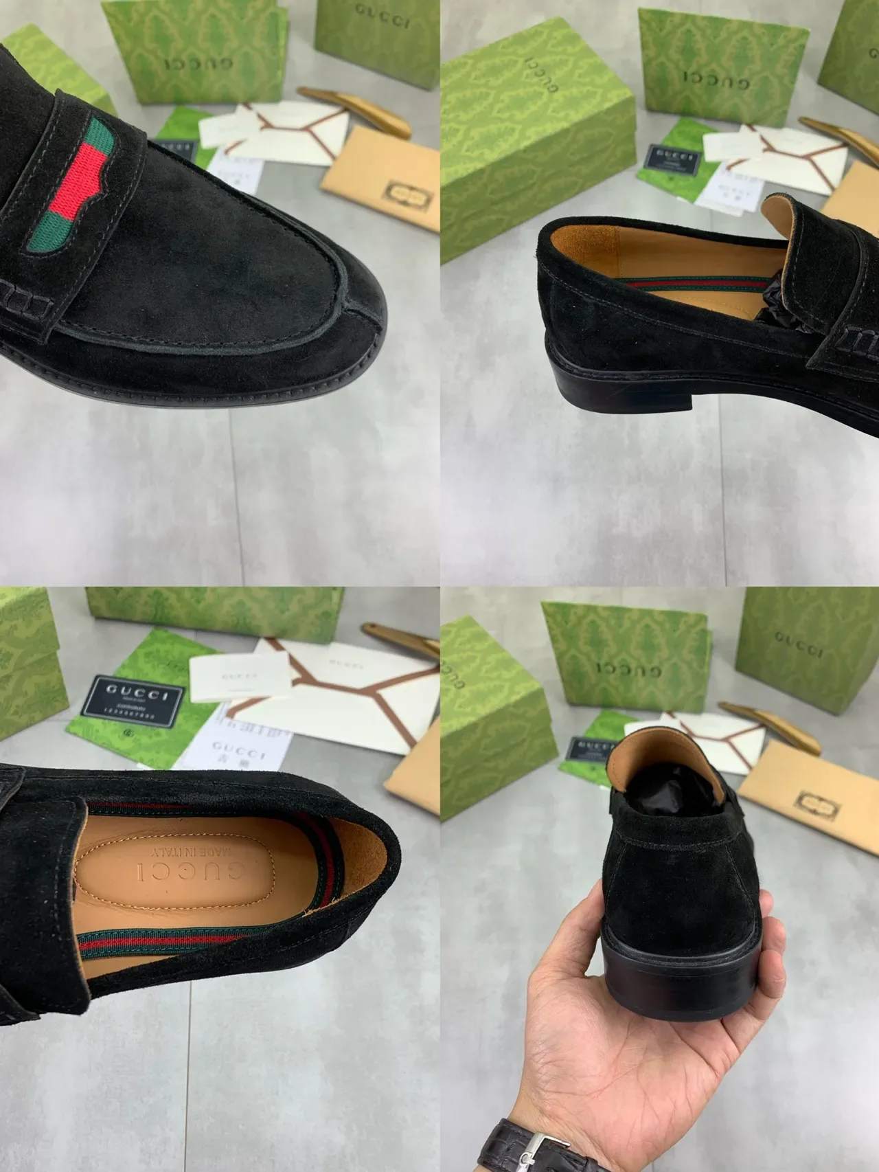 Gucci Horsebit 1955 Black Suede Web Stripe Loafers 3