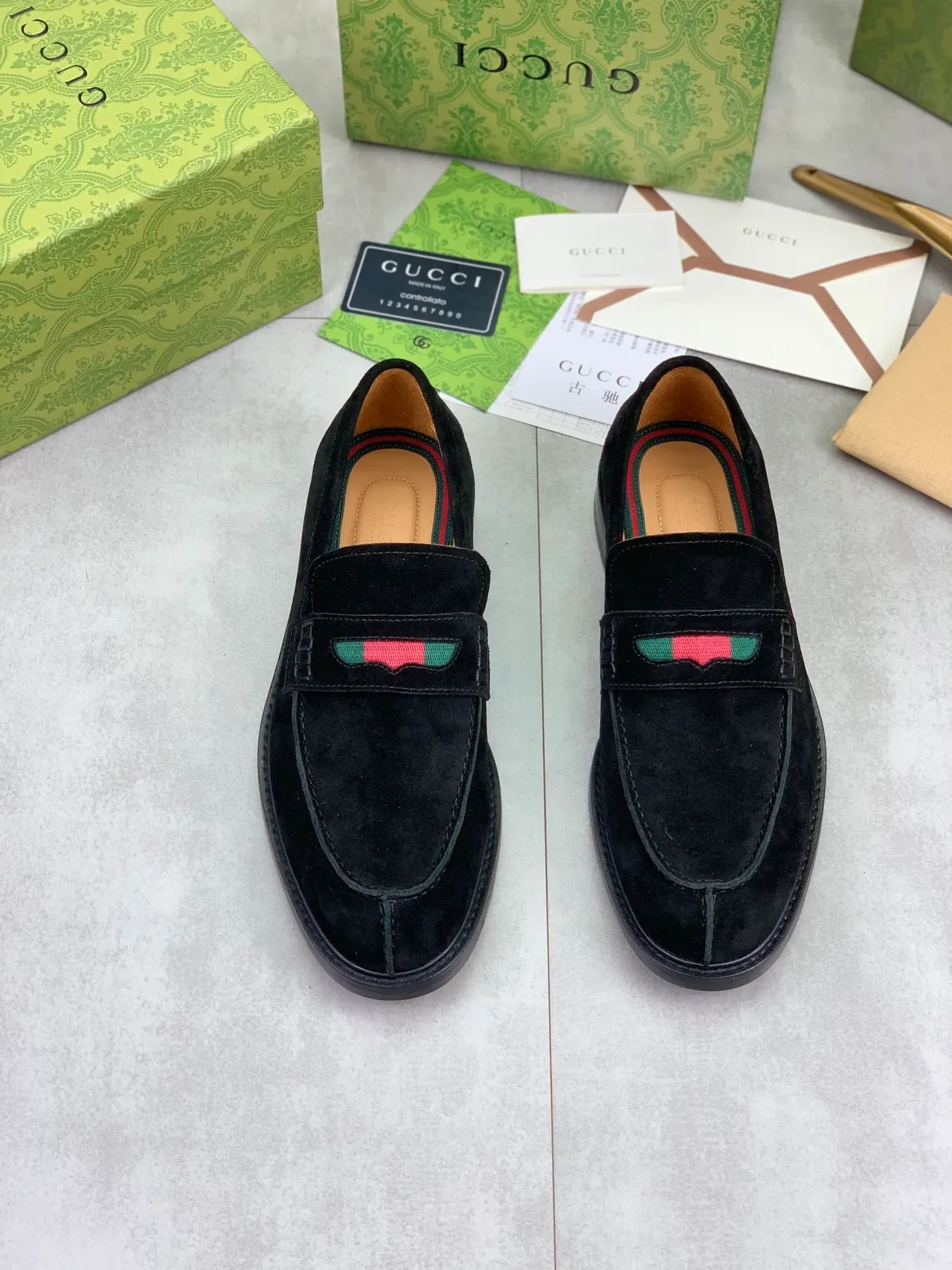 Gucci Horsebit 1955 Black Suede Web Stripe Loafers 5