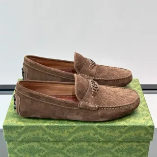 Gucci Horsebit 1955 Brown Beige Suede GG Monogram Embossed Loafer