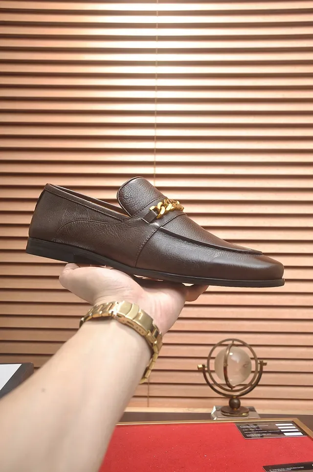 Gucci Horsebit 1955 Brown Pebbled Leather Gold Chain Loafers 4