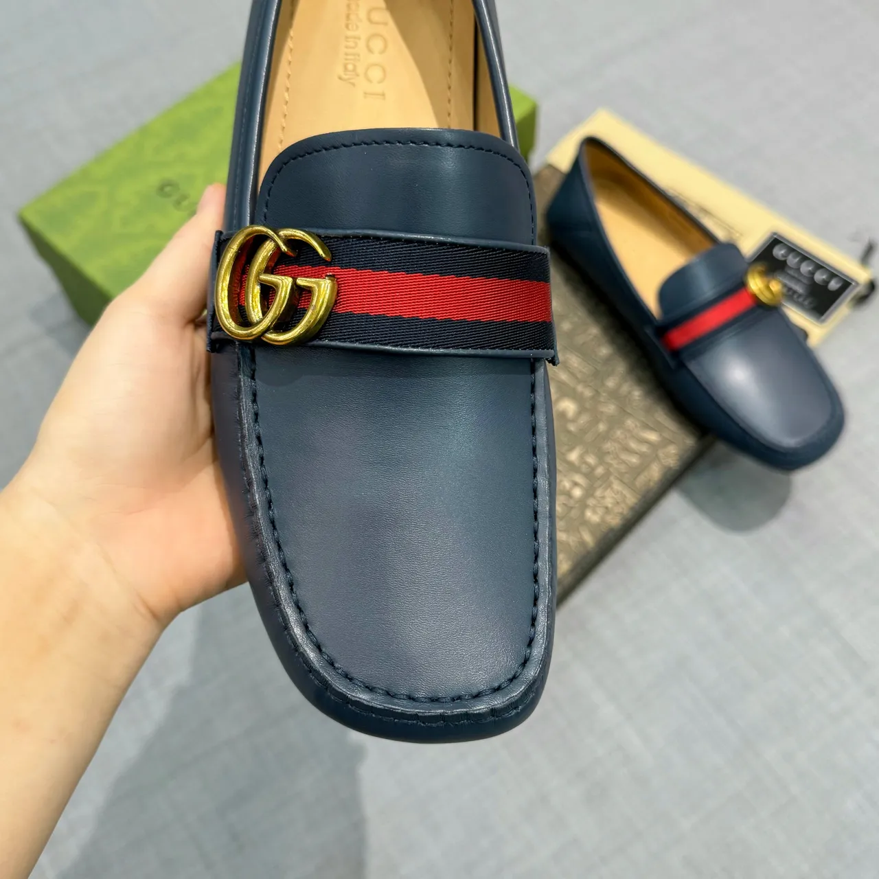 Gucci Horsebit 1955 Navy Red Leather Web Stripe Accent Loafer 4