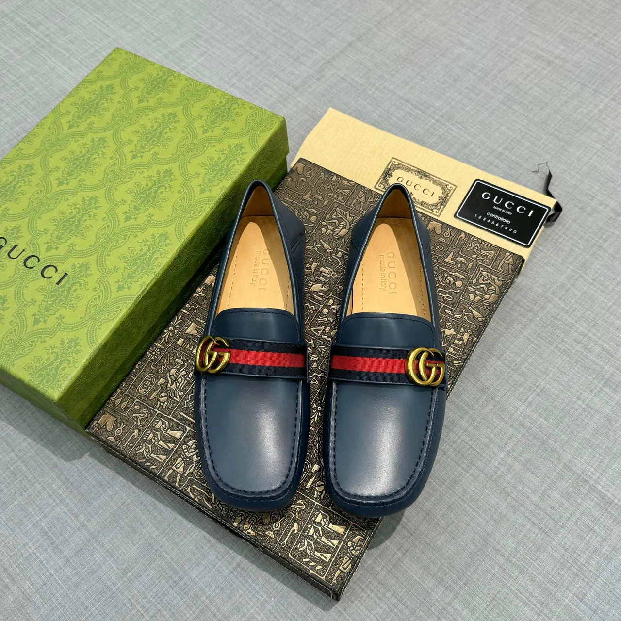 Gucci Horsebit 1955 Navy Red Leather Web Stripe Accent Loafer 6