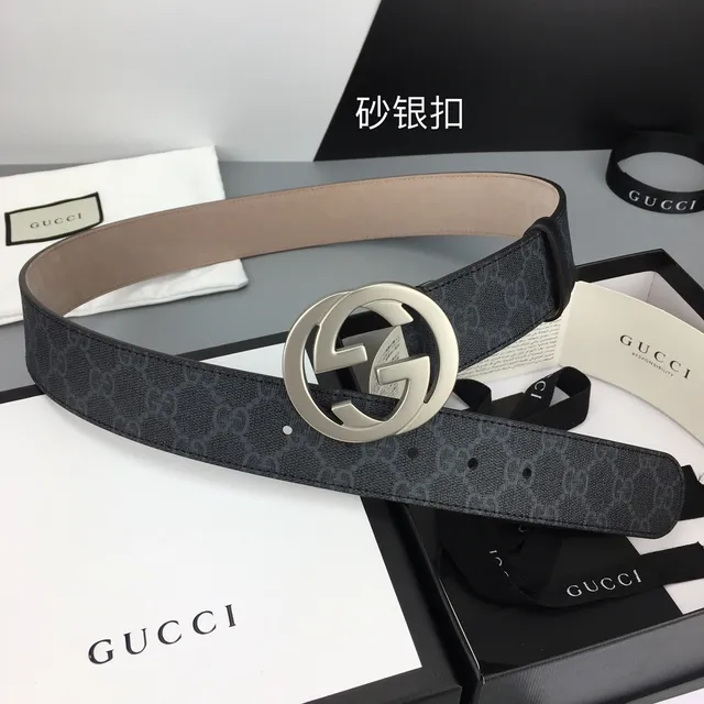 Gucci Interlocking G Belt Dark Gray GG Monogram Canvas Leather Belt 2
