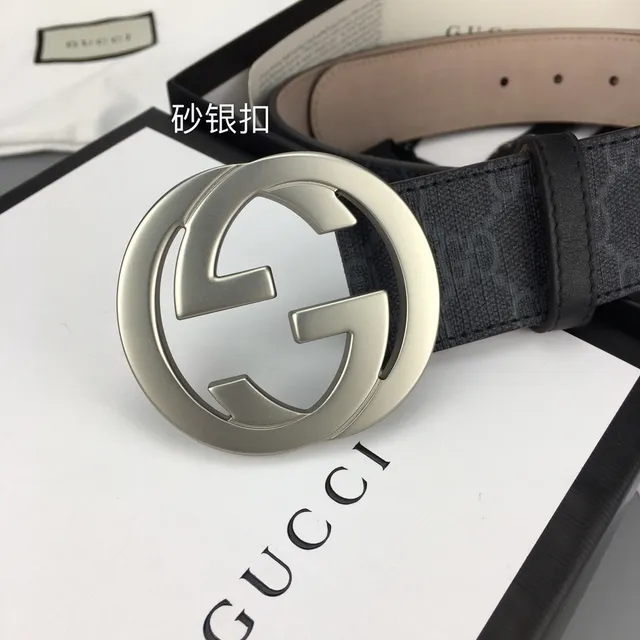 Gucci Interlocking G Belt Dark Gray GG Monogram Canvas Leather Belt 3