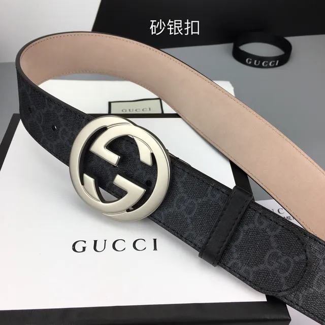 Gucci Interlocking G Belt Dark Gray GG Monogram Canvas Leather Belt 9