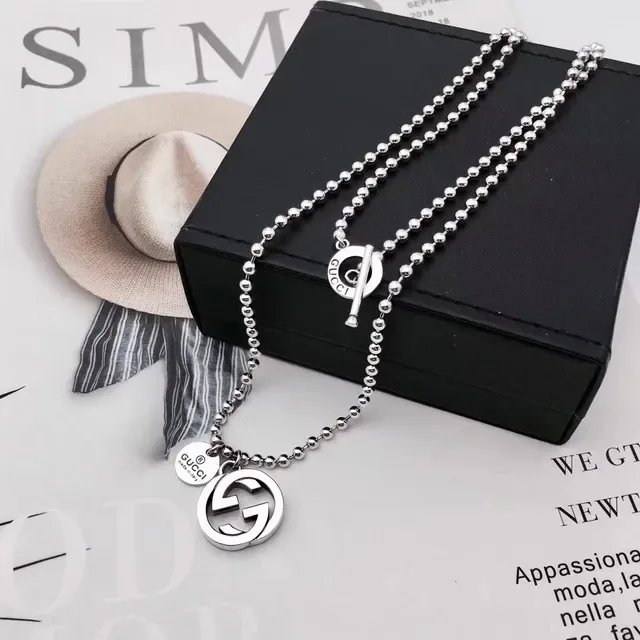 Collier Gucci Interlocking G Logo Argent Noir Chaîne Boule Pendentif 2