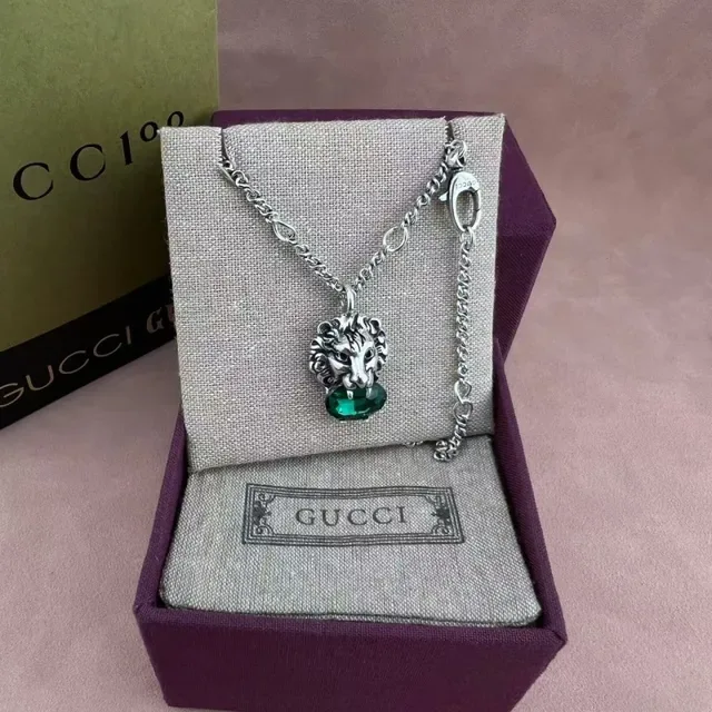 Gucci 狮头金色多色琢面水晶弧形宝石吊坠项链 12