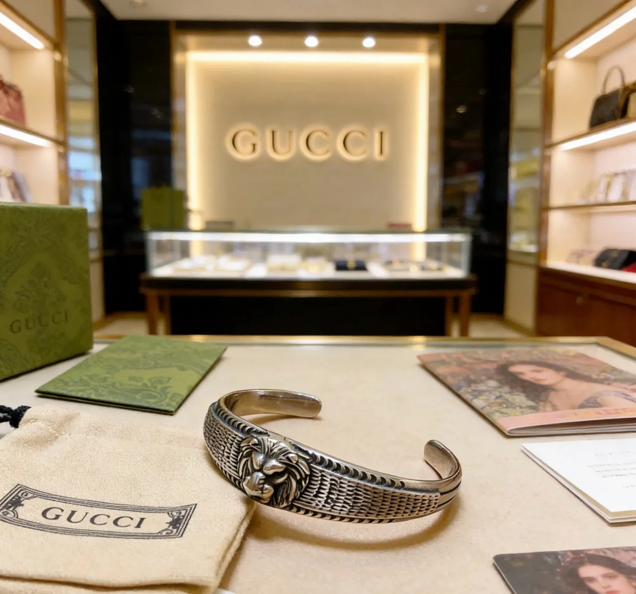 Gucci Lion Head Woven-Texture Open Cuff Bracelet 9
