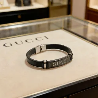 Gucci Logo Plaque Black Leather Bracelet