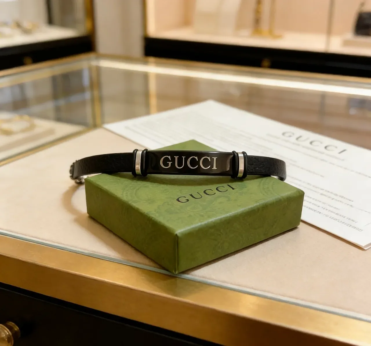 Gucci Logo Plaque Black Leather Bracelet 3
