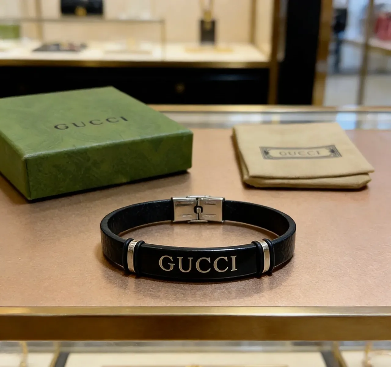 Gucci Logo Plaque Black Leather Bracelet 5