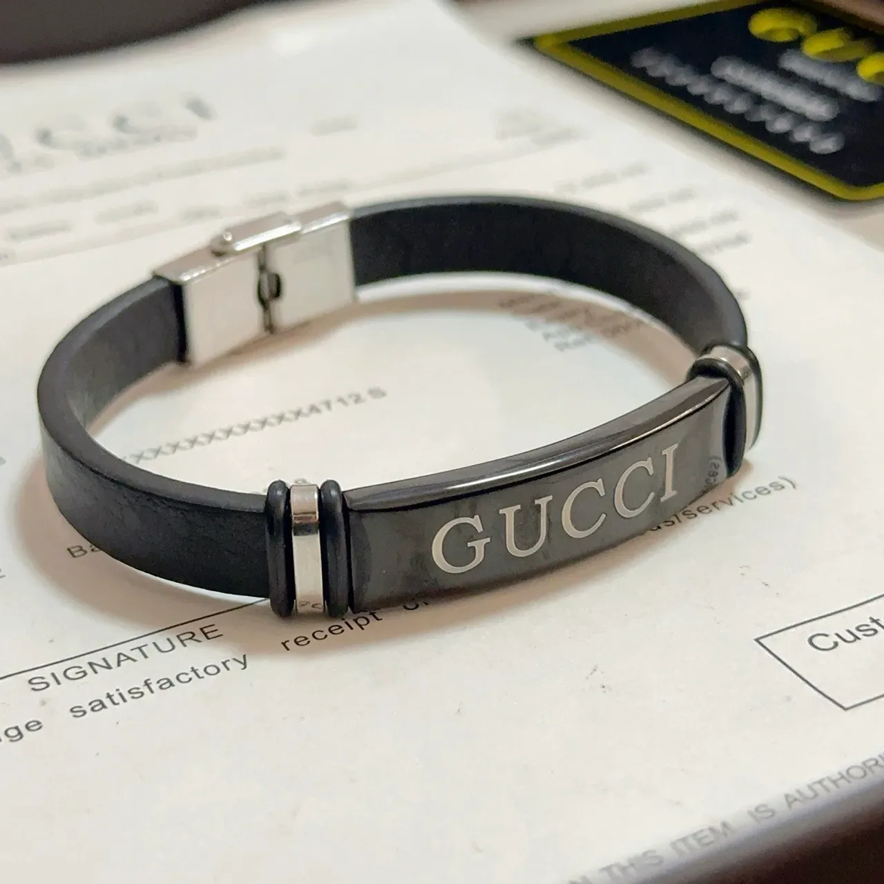 Gucci Logo Plaque Black Leather Bracelet 6