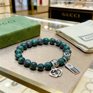 Gucci Marmont-inspired Charm Bracelet Green Silver Beaded Stone Bracelet