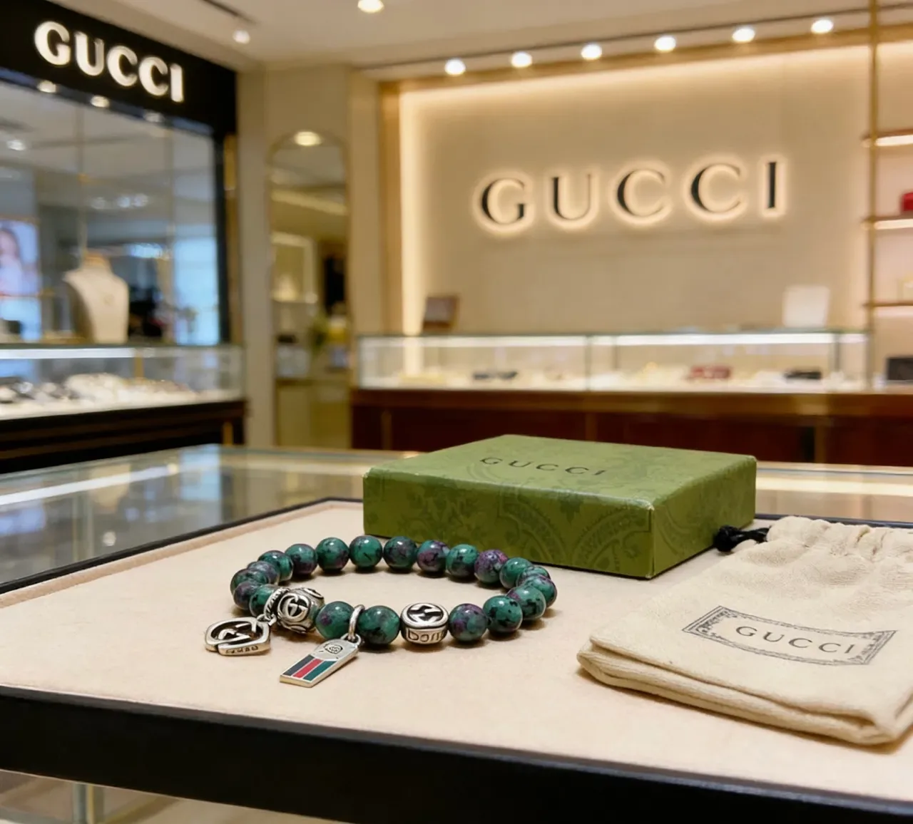 Gucci Marmont-inspired Charm Bracelet Green Silver Beaded Stone Bracelet 3