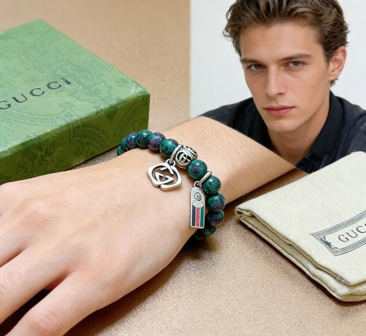 Gucci Marmont-inspired Charm Bracelet Green Silver Beaded Stone Bracelet 4