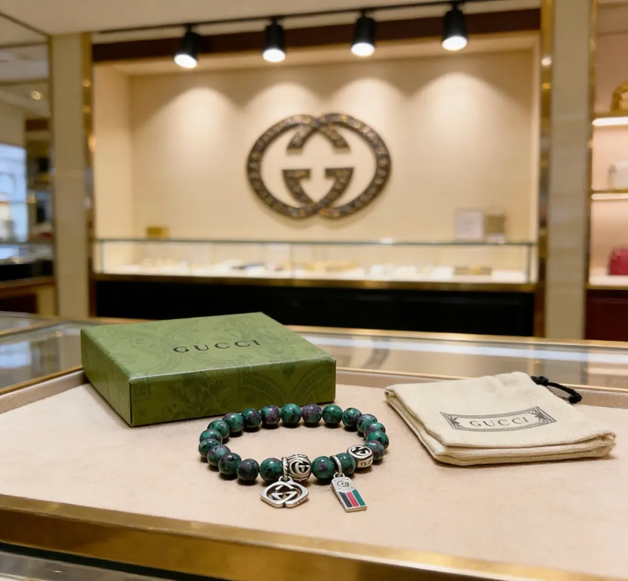 Gucci Marmont-inspired Charm Bracelet Green Silver Beaded Stone Bracelet 5