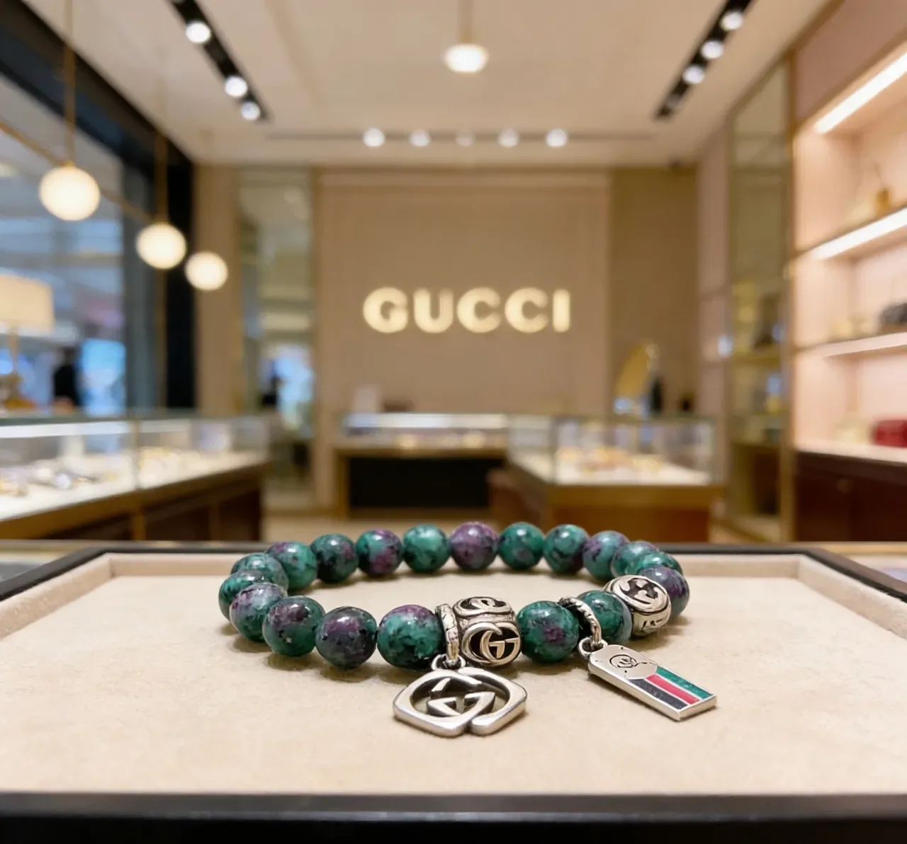 Gucci Marmont-inspired Charm Bracelet Green Silver Beaded Stone Bracelet 6