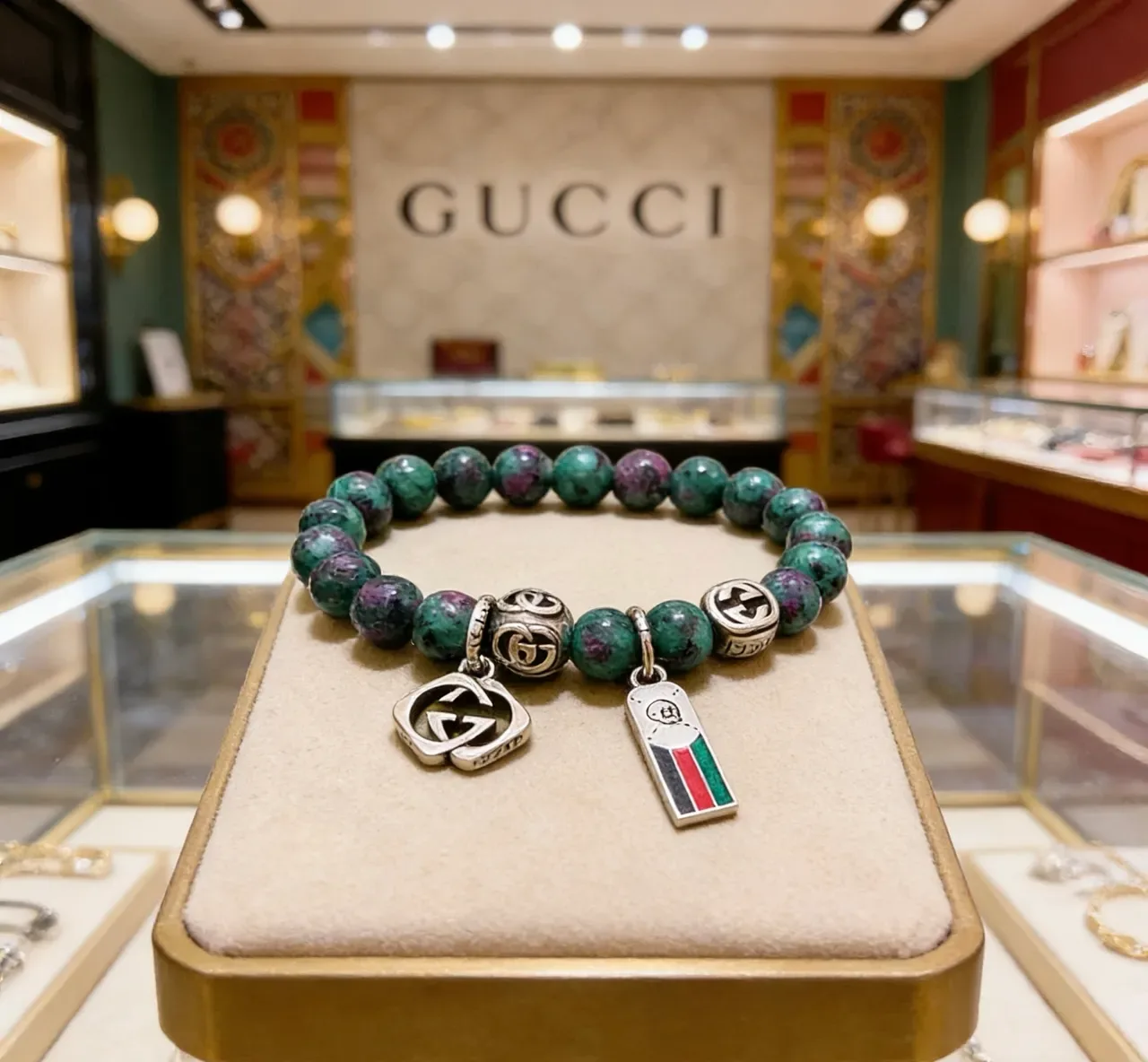 Gucci Marmont-inspired Charm Bracelet Green Silver Beaded Stone Bracelet 8