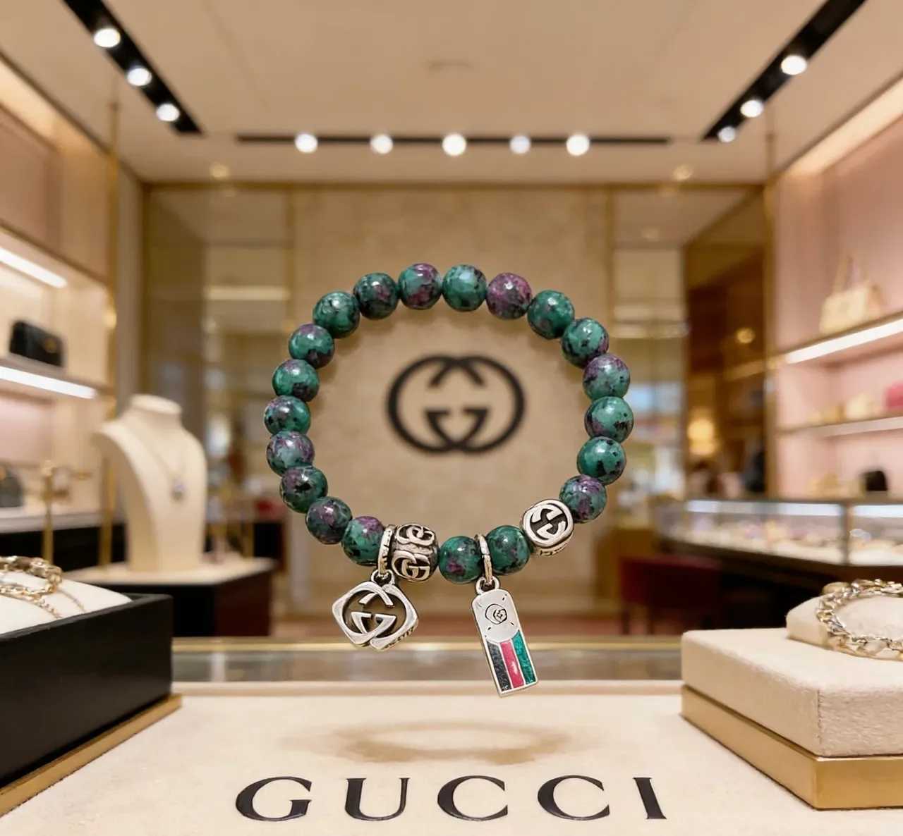 Gucci Marmont-inspired Charm Bracelet Green Silver Beaded Stone Bracelet 9