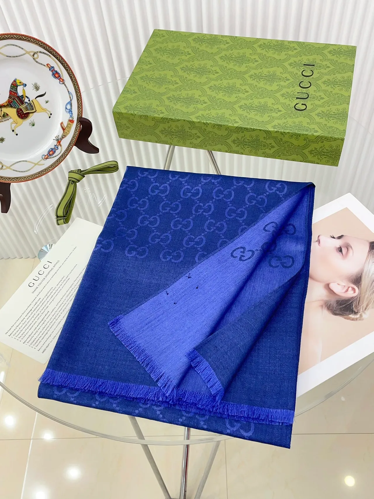 Gucci Monogram Jacquard Blue Silk Scarf 4