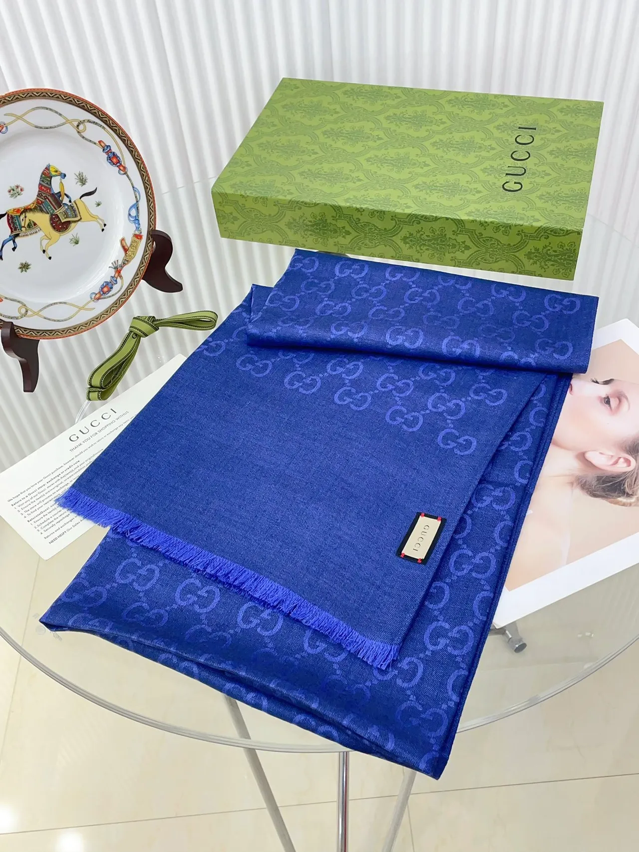 Gucci Monogram Jacquard Blue Silk Scarf 5