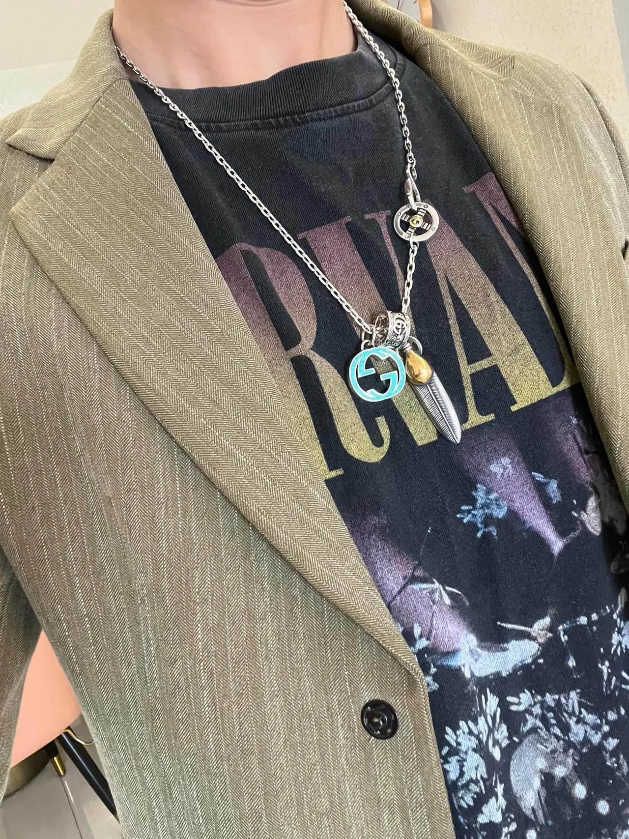Gucci Multi-Charm Necklace Silver Blue Chain Turquoise Enamel G Necklace 2