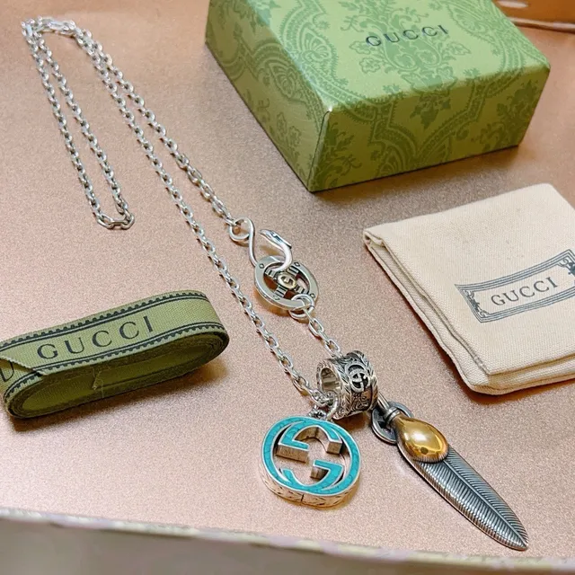 Gucci Multi-Charm Necklace Silver Blue Chain Turquoise Enamel G Necklace 3