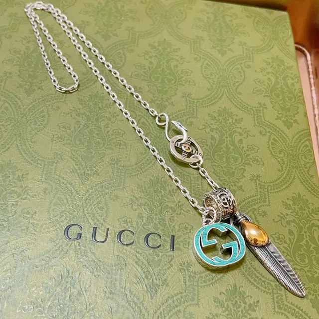 Gucci Multi-Charm Necklace Silver Blue Chain Turquoise Enamel G Necklace 4