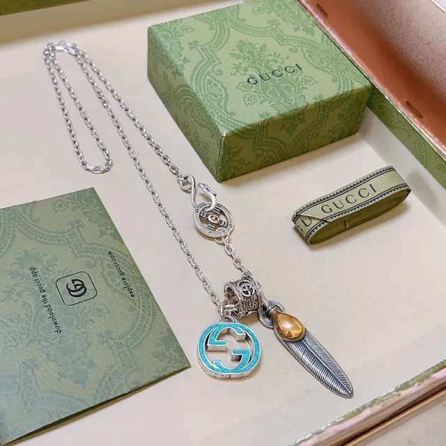 Gucci Multi-Charm Necklace Silver Blue Chain Turquoise Enamel G Necklace 6