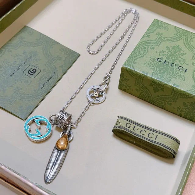 Gucci Multi-Charm Necklace Silver Blue Chain Turquoise Enamel G Necklace 9
