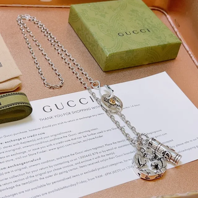 Gucci Multi-Charm Necklace Silver Gold Curb Chain Pendant Necklace 3