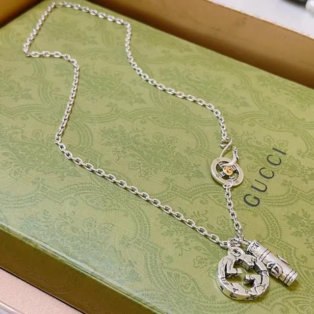Gucci Multi-Charm Necklace Silver Gold Curb Chain Pendant Necklace 4