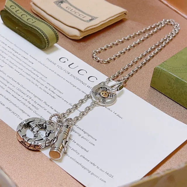 Gucci Multi-Charm Necklace Silver Gold Curb Chain Pendant Necklace 6